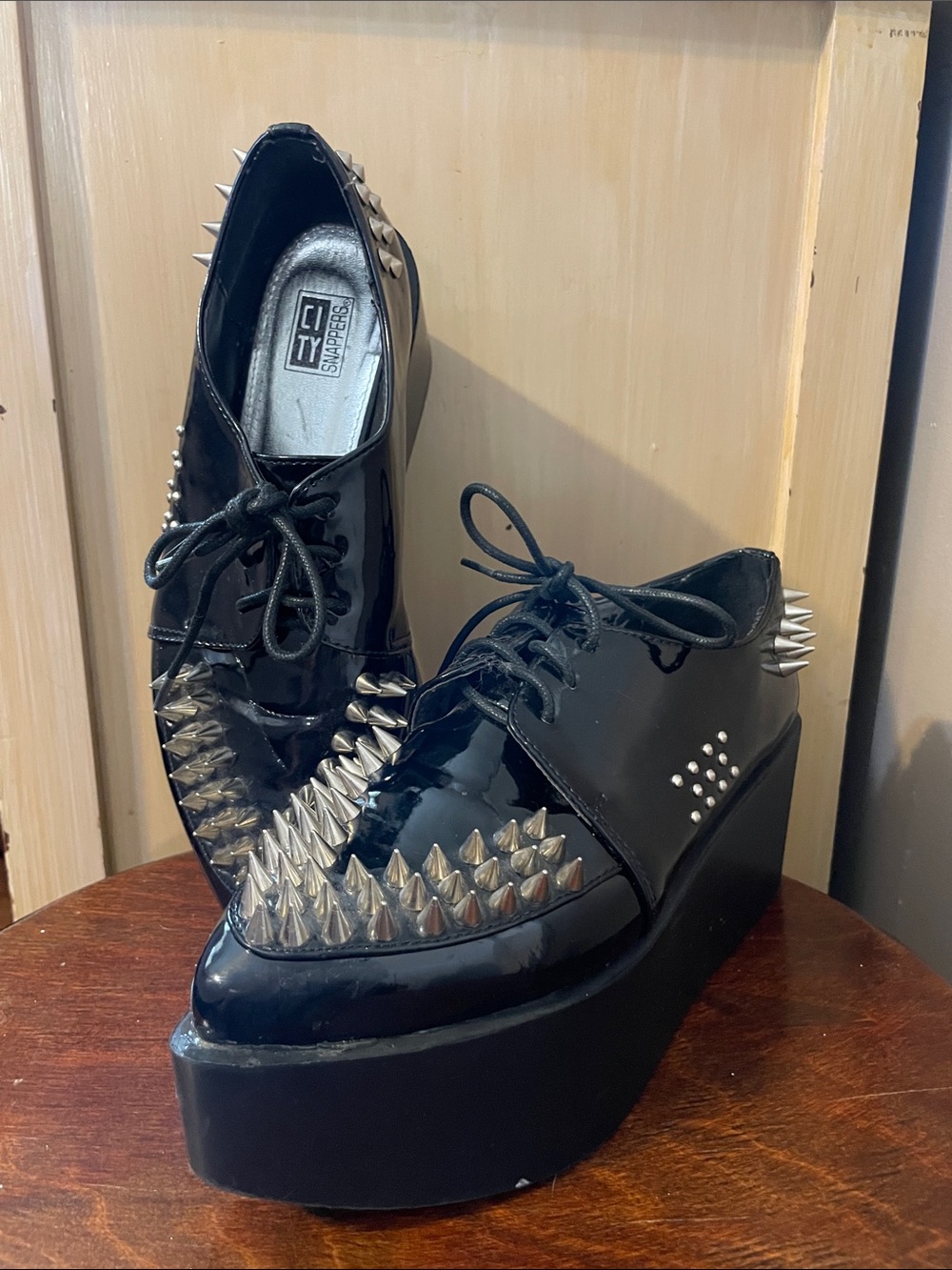 90s 00s Black Patent Platform Oxfords with Silver Spikes City Snappers